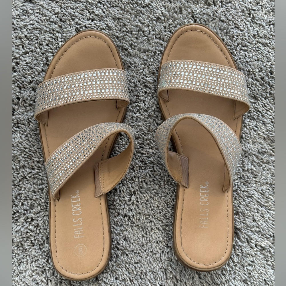 Falls Creek Women's Tan Jewel Strap Slip On Sandals Size 9